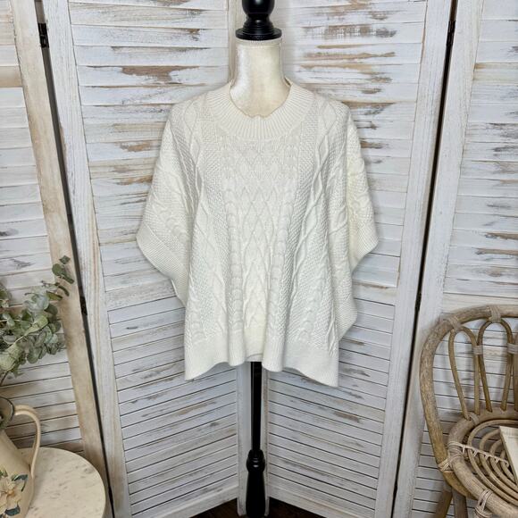 J. CREW Women's One Size Mock Neck Fisherman Cable Knit Poncho Sweater Cream - Picture 15 of 16